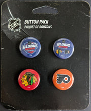 Load image into Gallery viewer, NHL Global Series Pinback Collection Philadelphia Flyers Chicago Black Hawks
