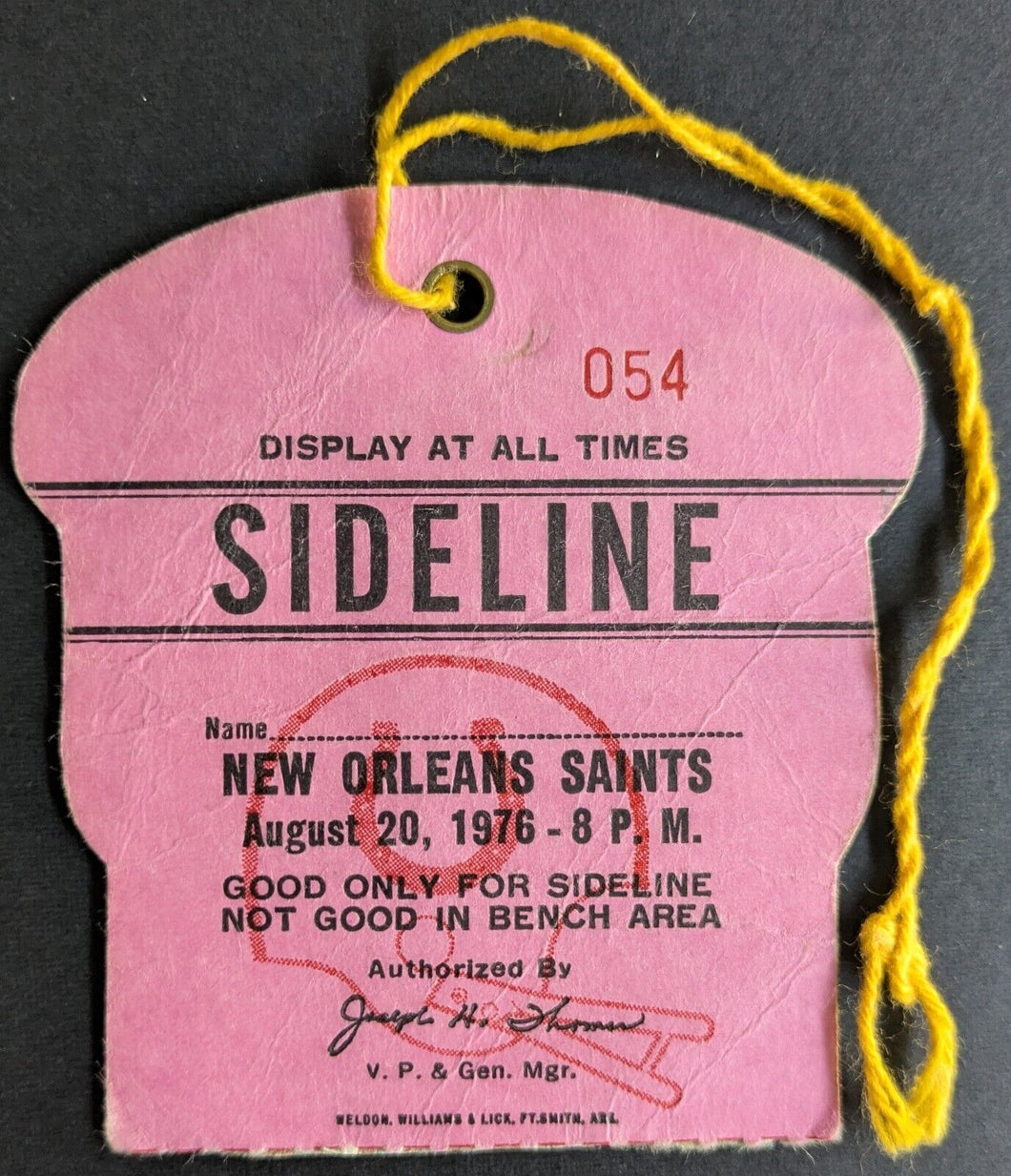 Memorial Stadium NFL Sideline Pass For Aug 20 1976 Game Saints Colts NFL Vtg