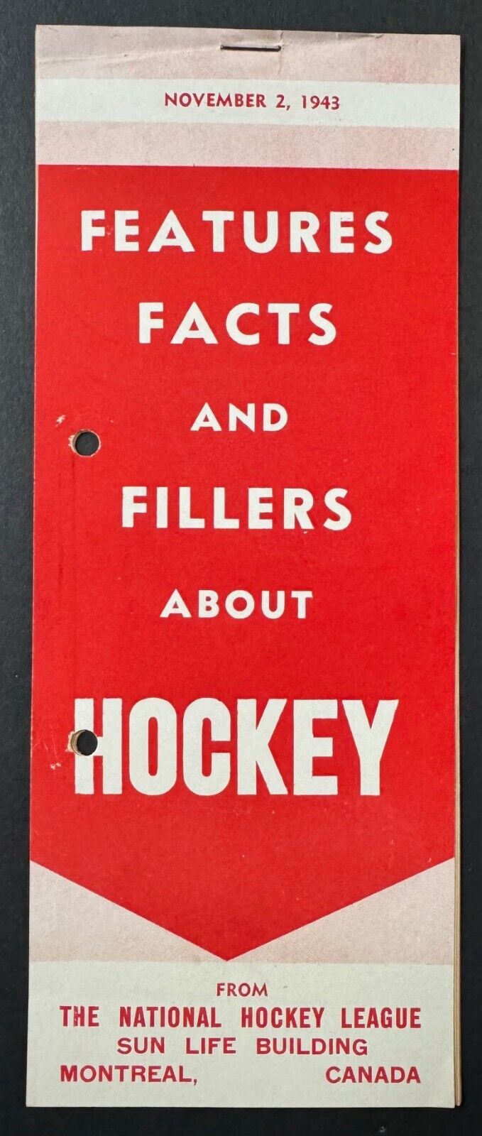 1943 Vintage NHL Features Facts And Fillers About Hockey Brochure