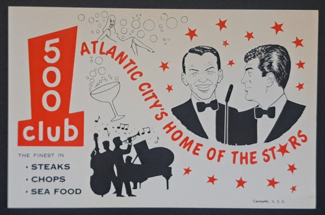 Vintage 1962 Frank Sinatra Dean Martin Rat Pack 500 Club Atlantic City Postcard