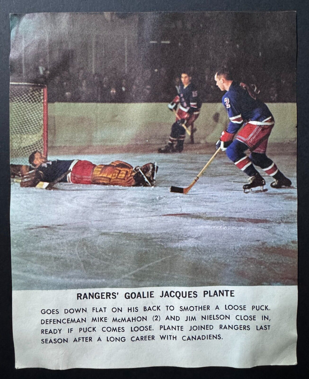 1964/65 Toronto Star Hockey Photo NY Rangers Jacques Plante Contest On Reverse