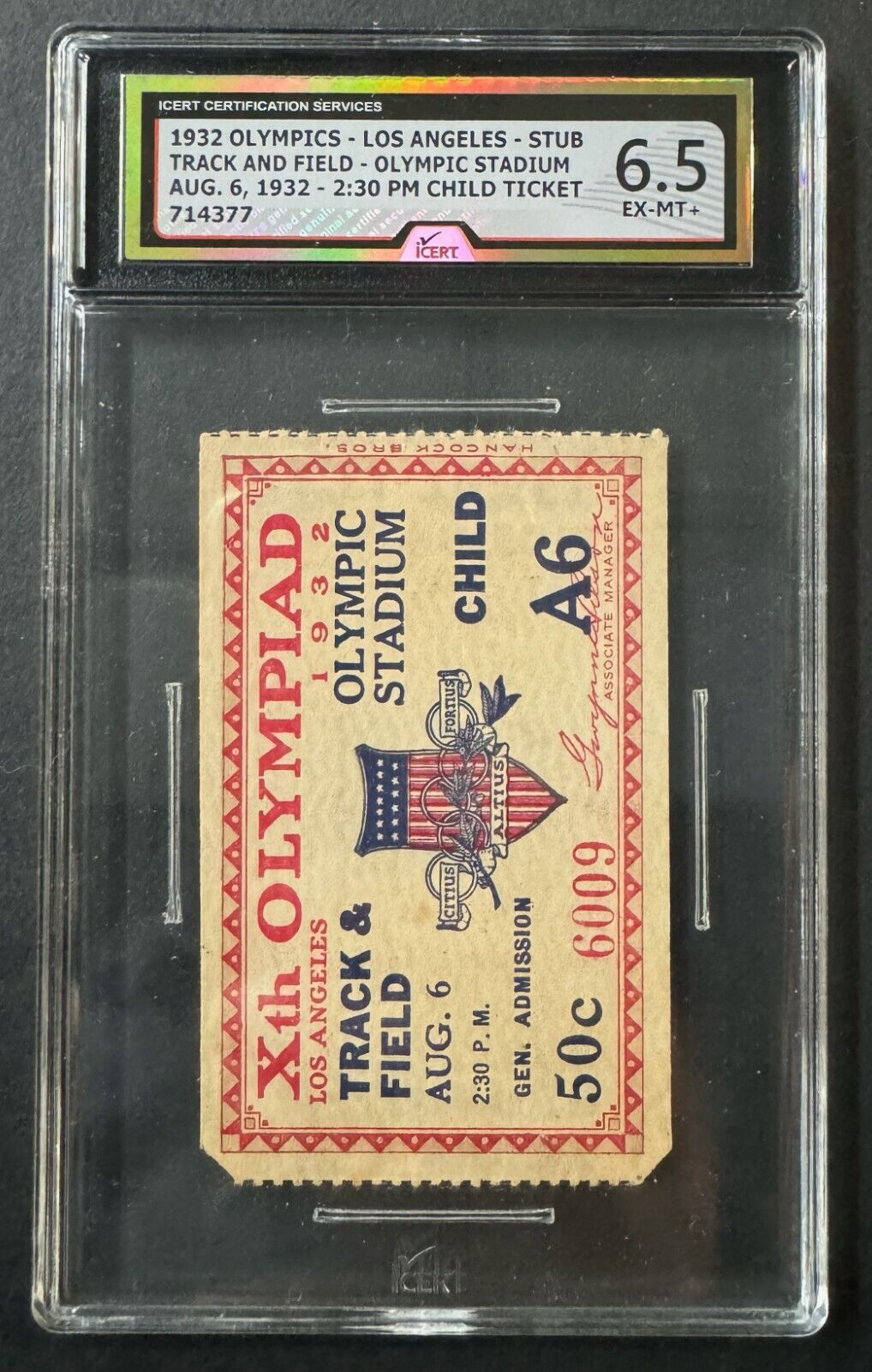 1932 LA Olympics Track & Field Child Ticket Stub iCert Slabbed/Graded 6.5 EX-MT+