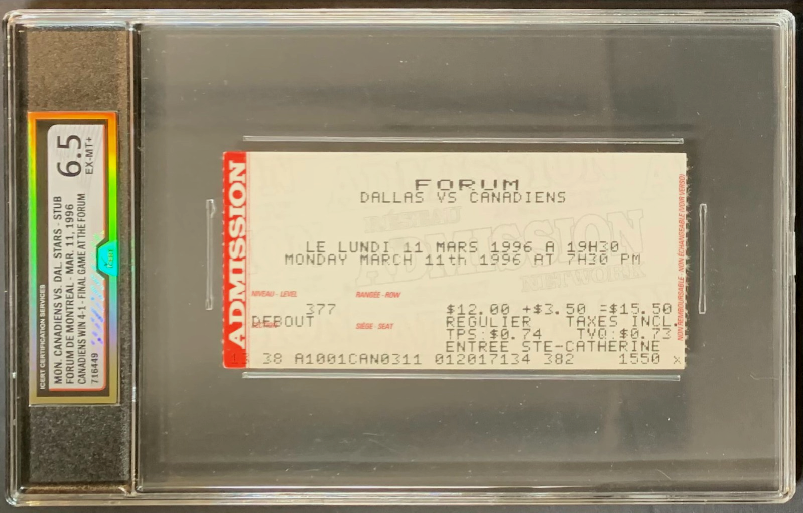 1996 Canadiens Montreal Forum Final Game Ticket Stub iCert 6.5 NHL 1996 Canadiens Montreal Forum Final Game Ticket Stub iCert 6.5 NHL