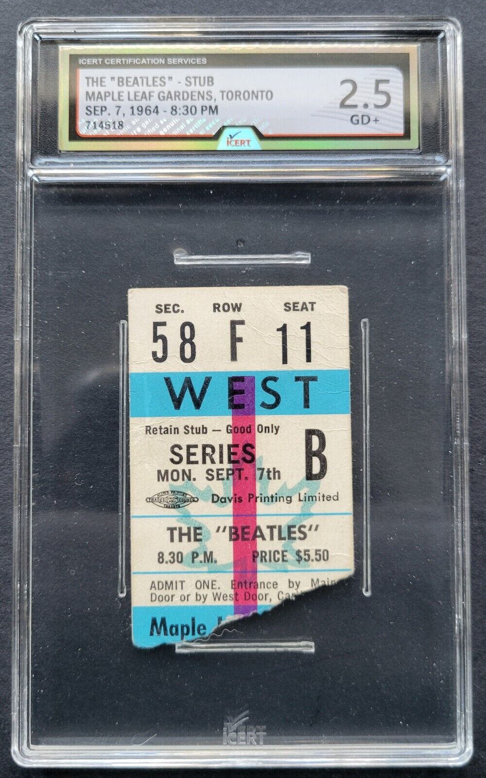 1964 Maple Leaf Gardens The Beatles Concert Ticket Stub iCert 2.5 1964 Maple Leaf Gardens The Beatles Concert Ticket Stub iCert 2.5