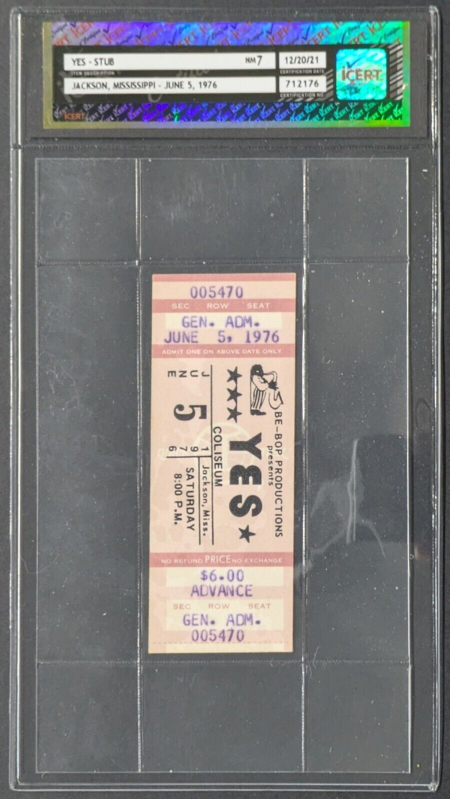 1976 Yes World Tour Concert Jackson Mississippi Ticket Stub Graded iCert NM 7