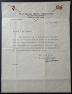 1929 Letter Signed By President W.F Groom - Groom Motor Corporation Letterhead