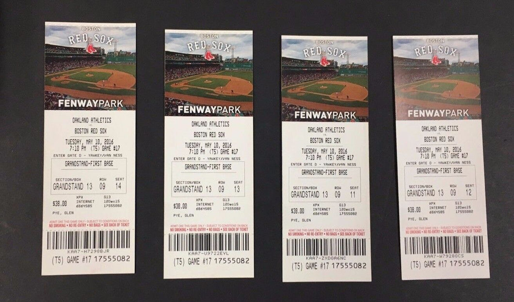 2016 Fenway Park Unused Full Ticket x4 Baseball Boston Red Sox vs Oakland A's