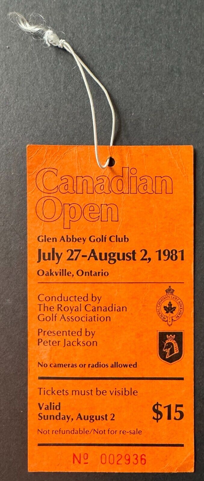 1981 Canadian Open Golf Championship Weekly Pass PGA Glen Abbey Peter Oosterhuis