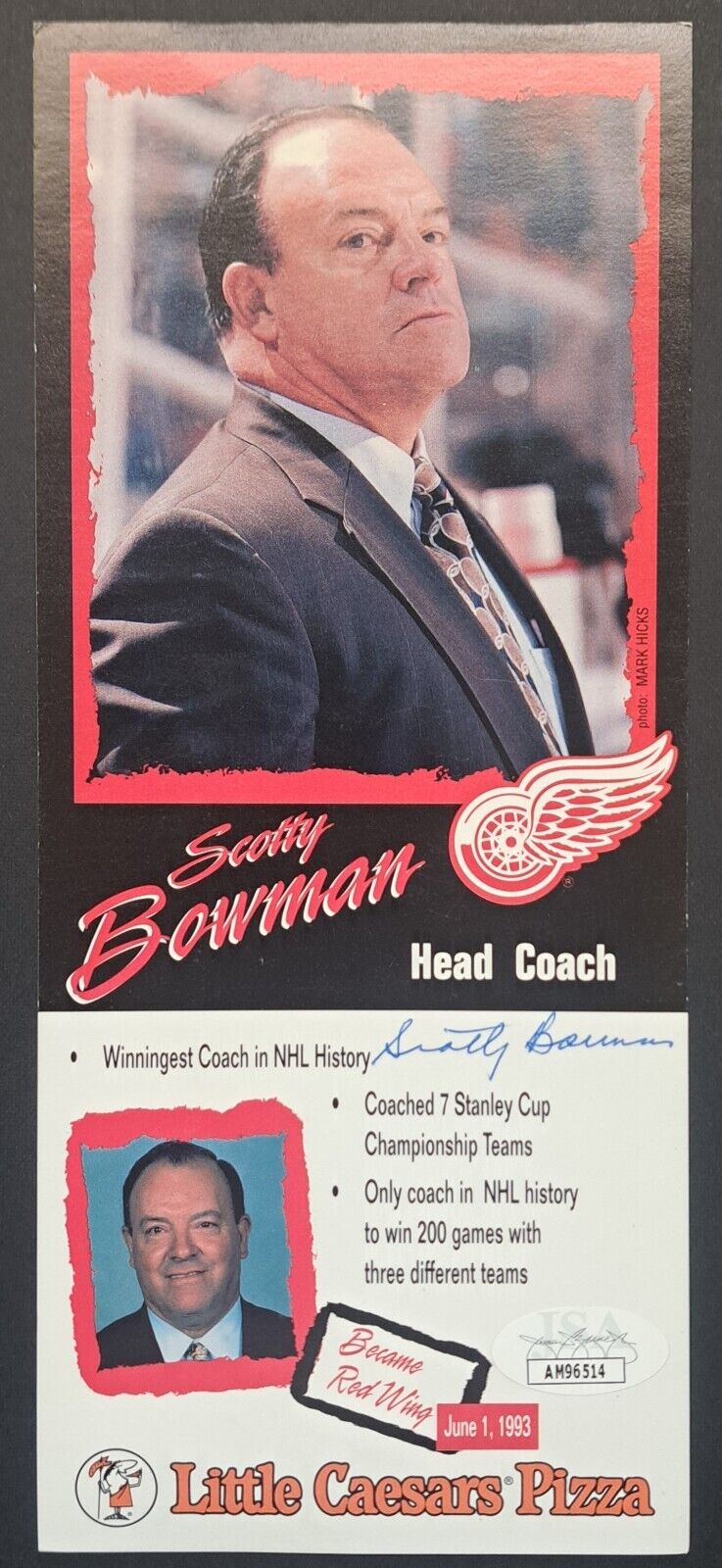 Scotty Bowman Autographed Promotional Card Signed Detroit Red Wings JSA COA