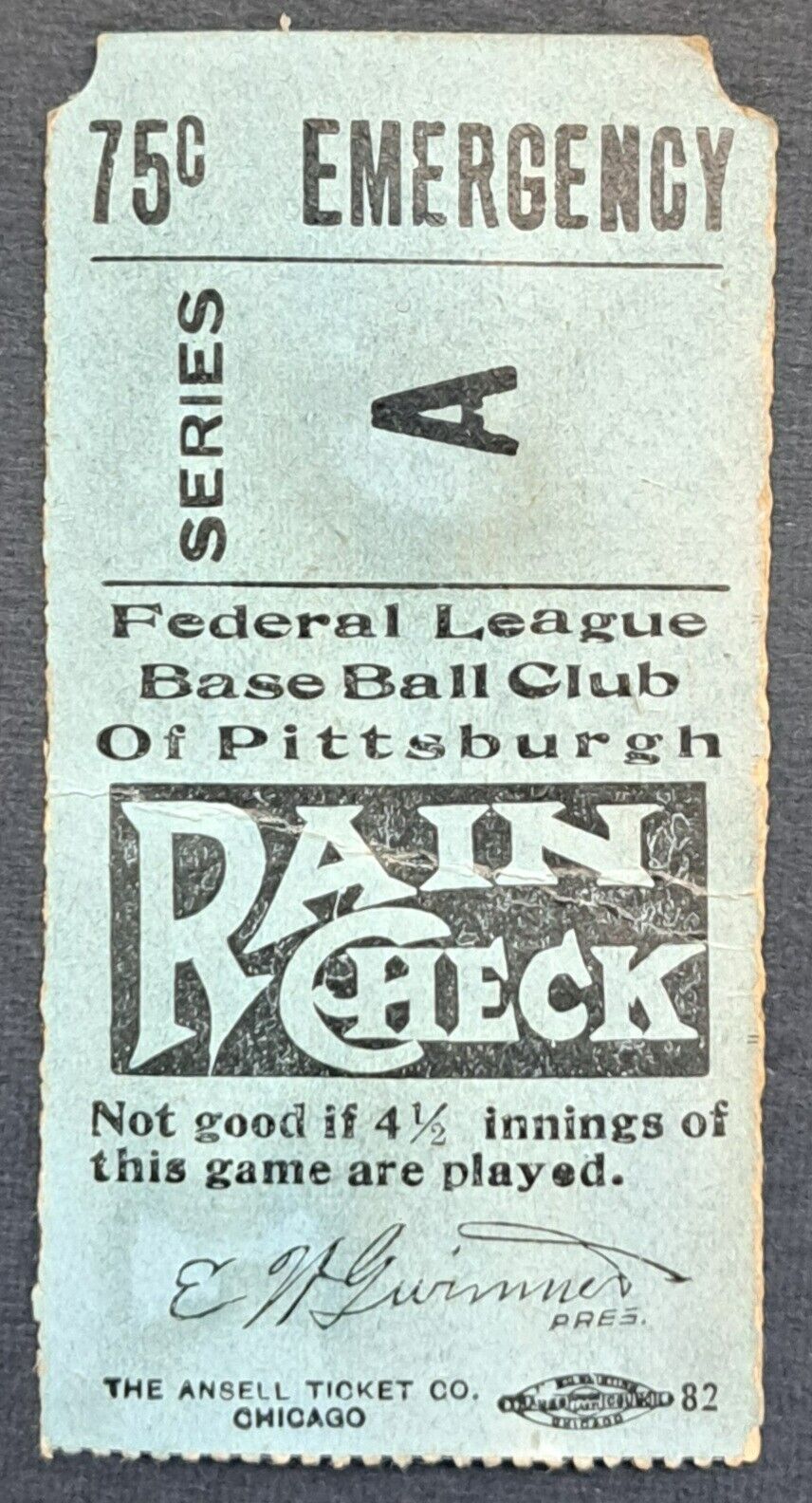 1914 Federal League Baseball Club Pittsburgh Exposition Park Rare Ticket Stub