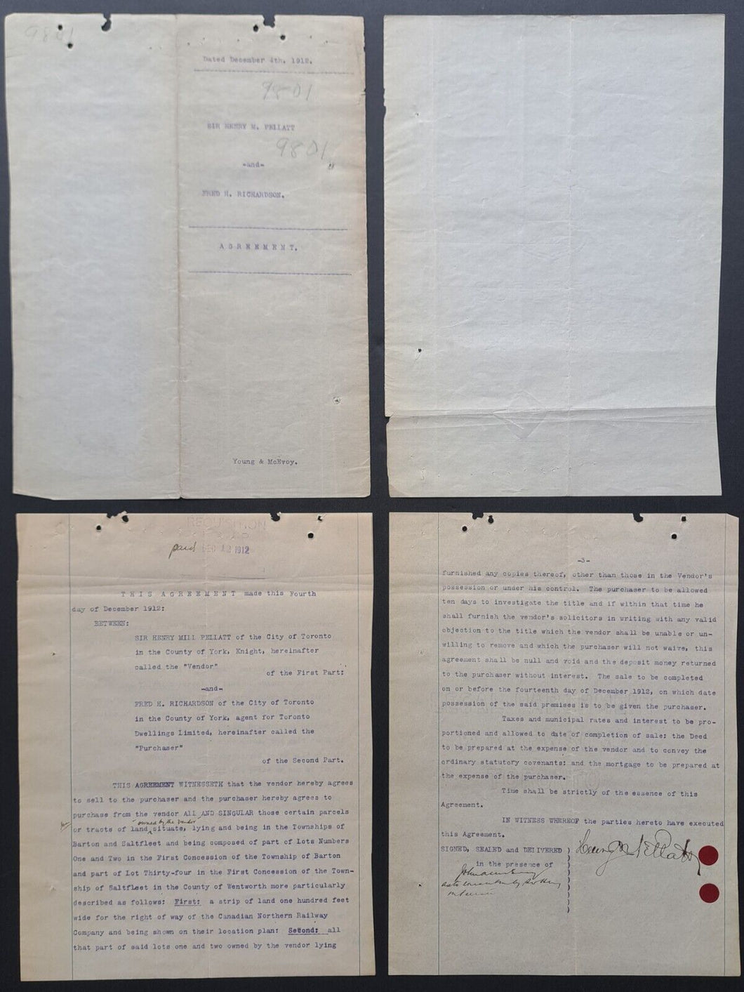 1912 Canadian Businessman Sir Henry M. Pellatt Signed Land Purchase Agreement
