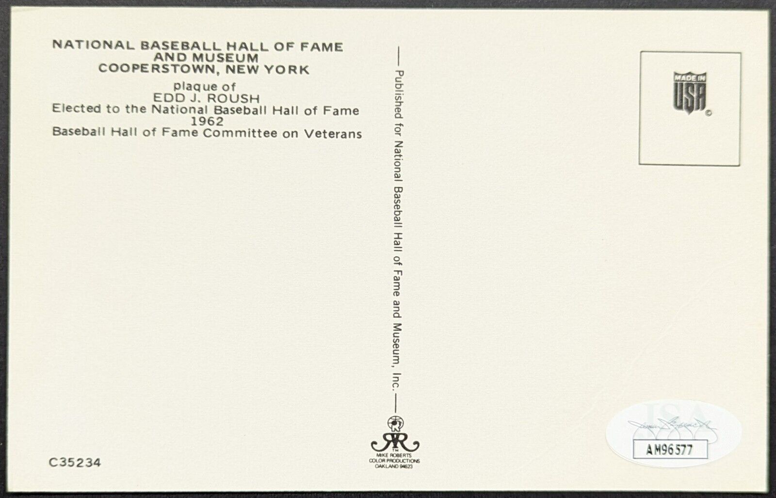 1962 Edd Roush Baseball Hall Of Fame Plaque Signed Postcard JSA Certif ...