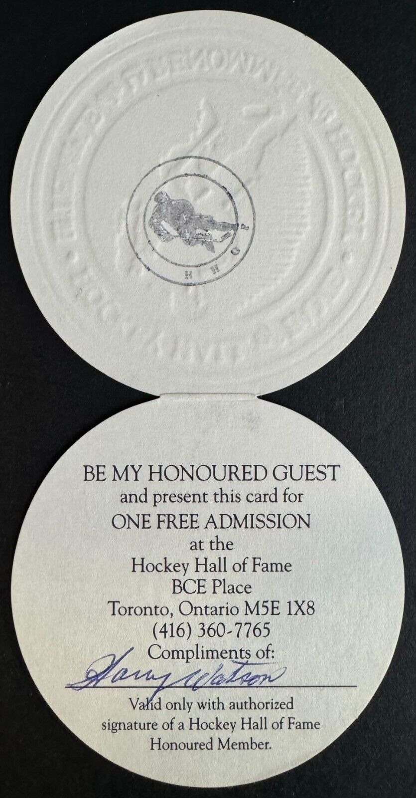 Hockey HOF Signed Complimentary Admission Ticket Autographed By Harry Watson NHL