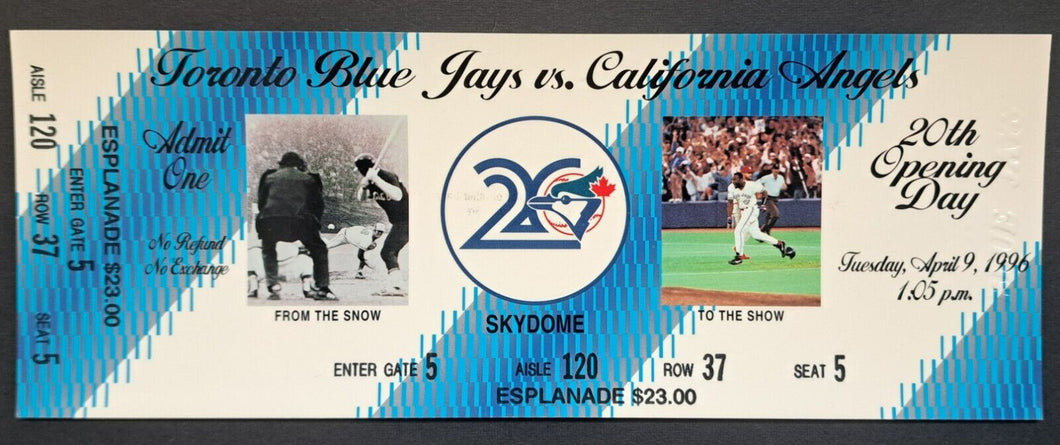 1996 Toronto Blue Jays 20th Anniversary Opening Day Vs California Ticket Skydome