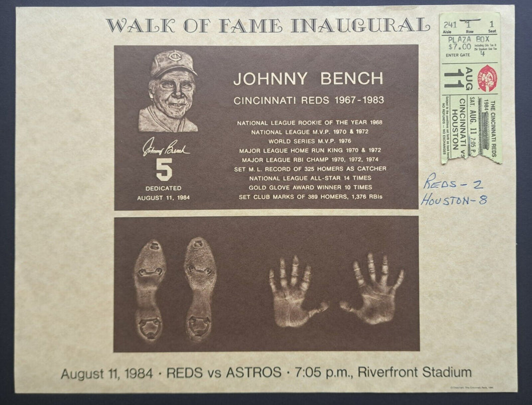 1984 Johnny Bench Cincinnati Reds Walk Of Fame Inaugural Ticket Stub Vintage