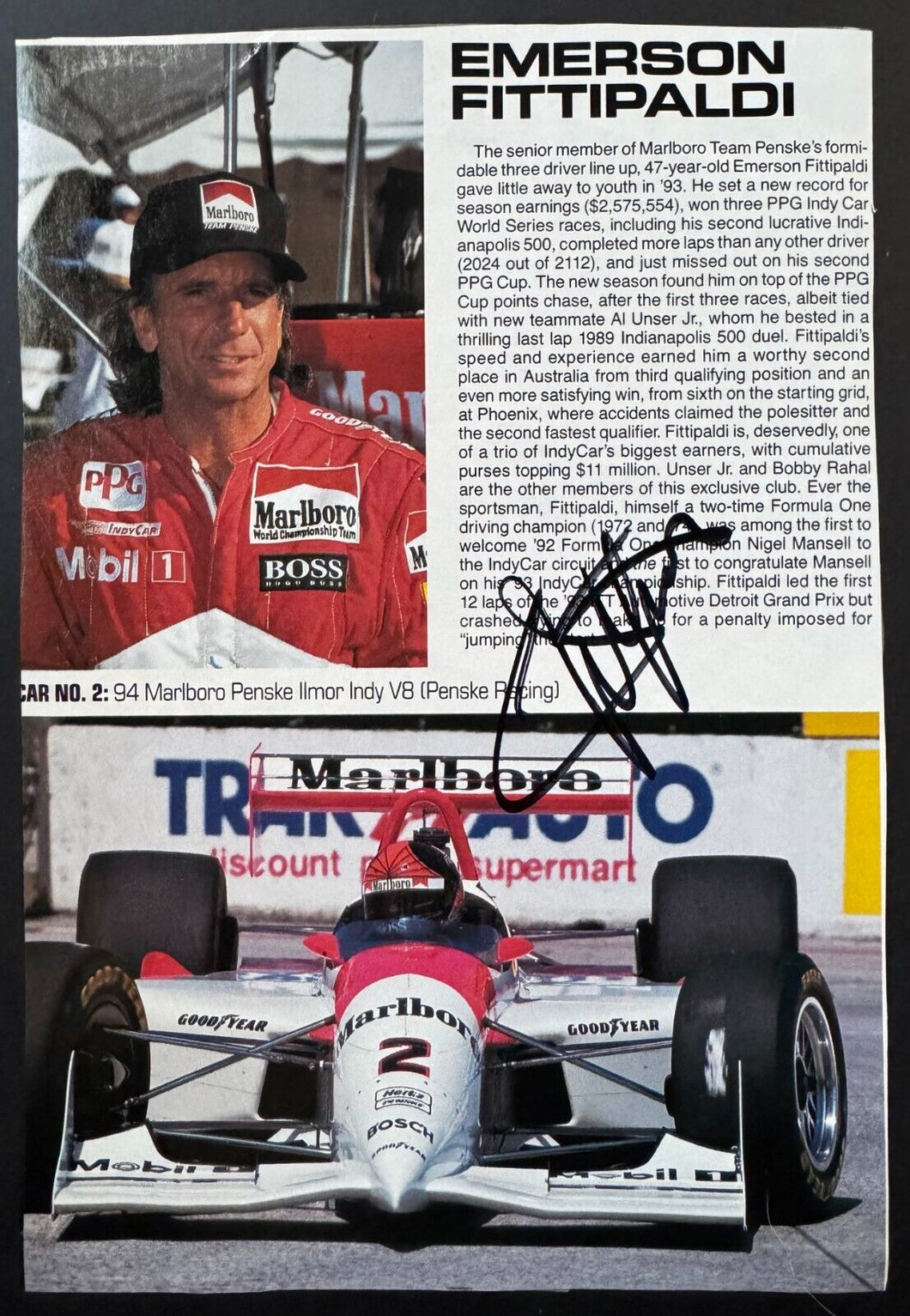 Emerson Fittipaldi World Driving Champion Signed Autographed Magazine Photo