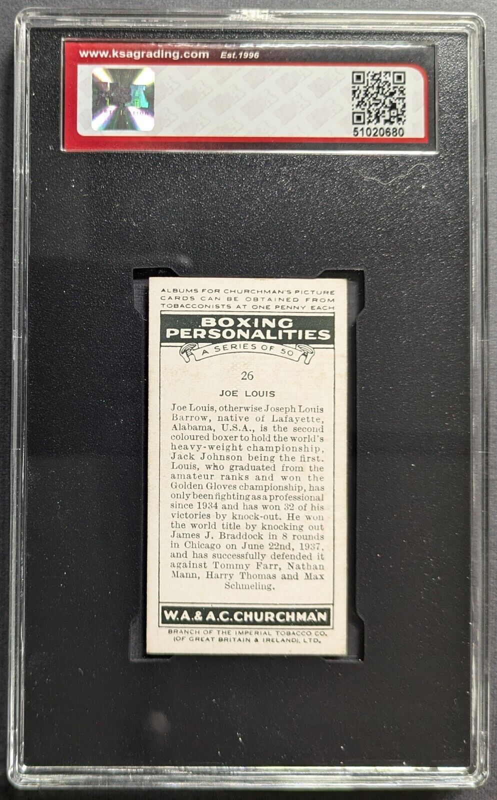 1938 Joe Louis Churchman Cigarettes Boxing Personalities Card #26 KSA –  Glory Days Collectibles