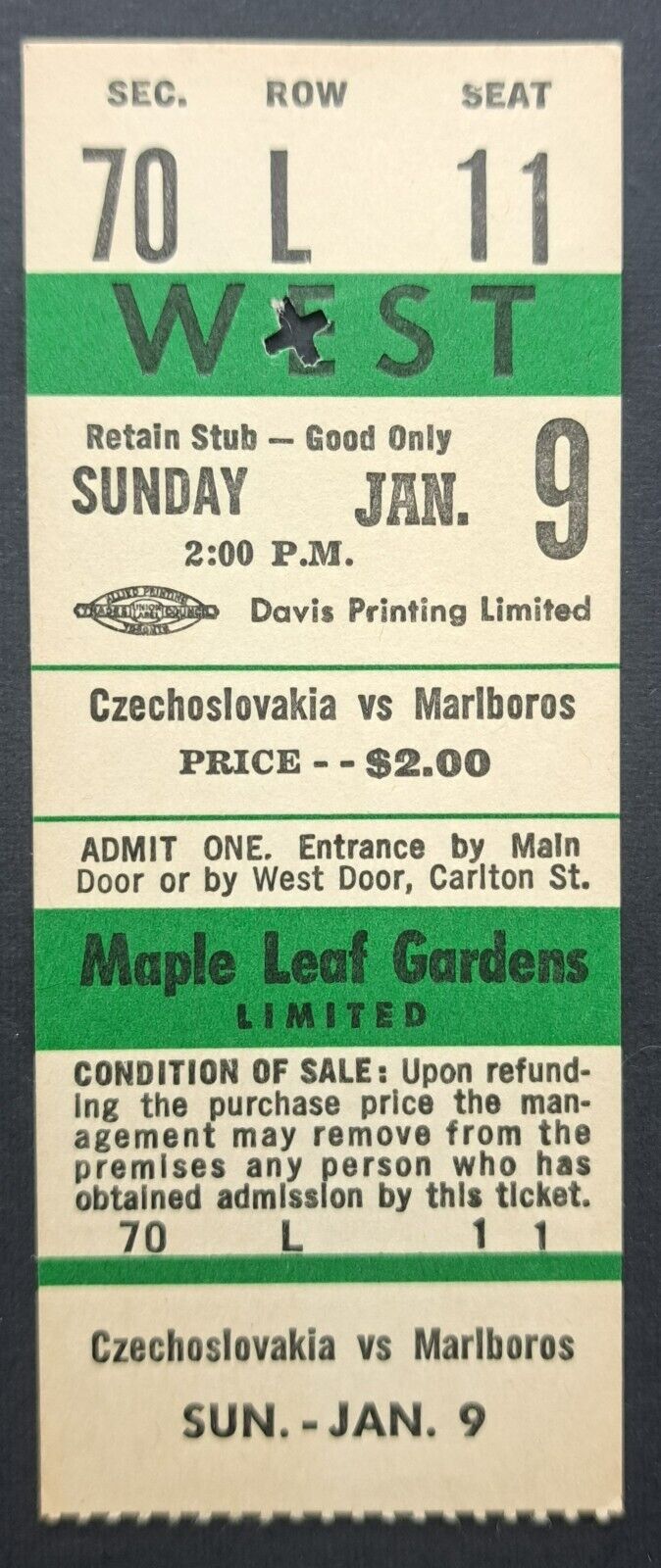 1966 Maple Leaf Gardens OHA Marlboro Vs Czechoslovakia National Team Full Ticket