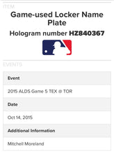 Load image into Gallery viewer, Mitch Moreland Texas Rangers Game Used 2015 ALDS G5 Locker Name Plate MLB Holo
