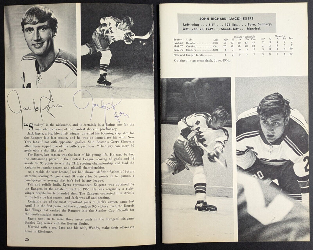 1970/1971 Jack Egers New York Rangers Autographed Signed Media Page NHL Hockey