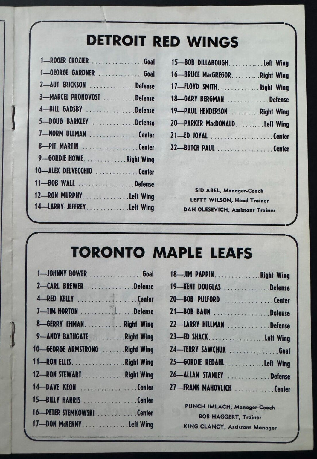 Red Wings Vs Maple Leafs Vintage Pre-Season NHL Program Terry Sawchuk 1st Game