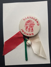 Load image into Gallery viewer, Circa 1950 Cleveland Indians MLB Pinback With Ball Bat Chain And Ribbons Vintage
