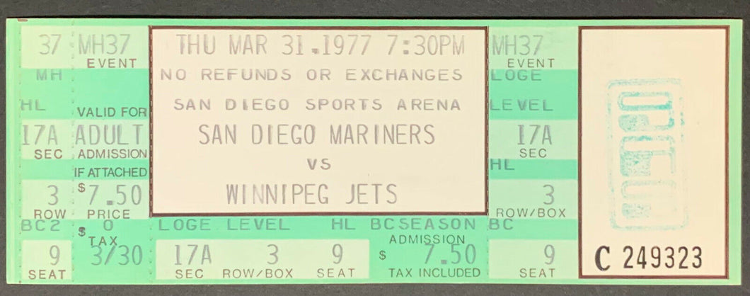 1977 San Diego Sports Arena Full WHA Hockey Ticket Mariners vs Winnipeg Jets