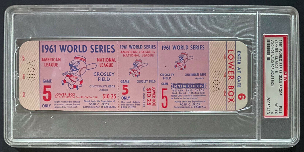 1961 World Series Game 5 Full Proof Ticket Clincher MLB Reds vs NY Yankees PSA 4