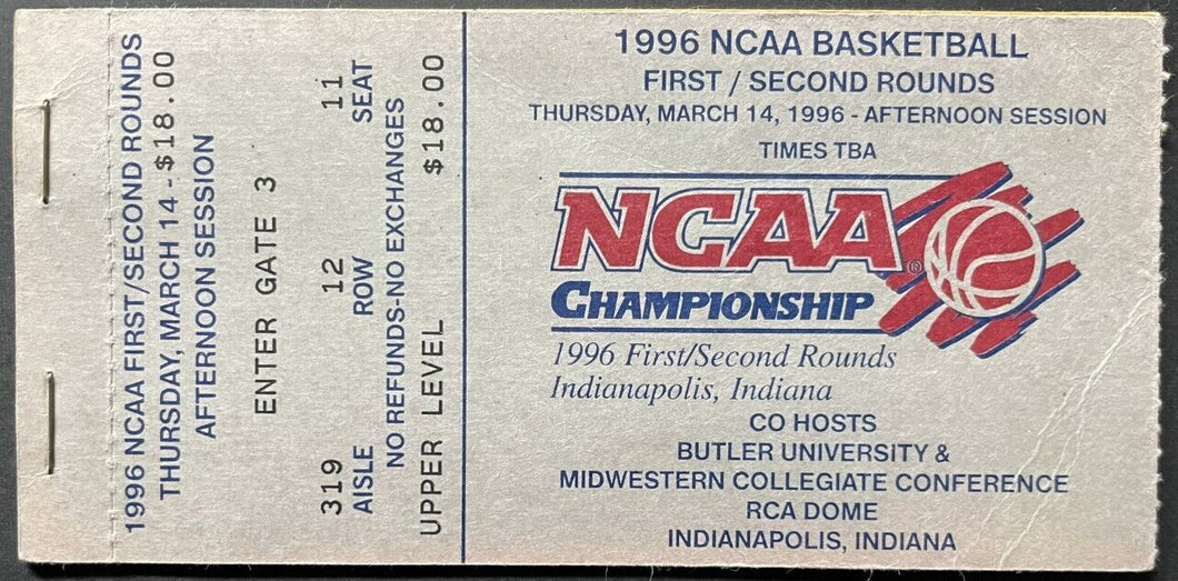 1996 NCAA Basketball Tournament Ticket Booklet 1st + 2nd Round Indianapolis