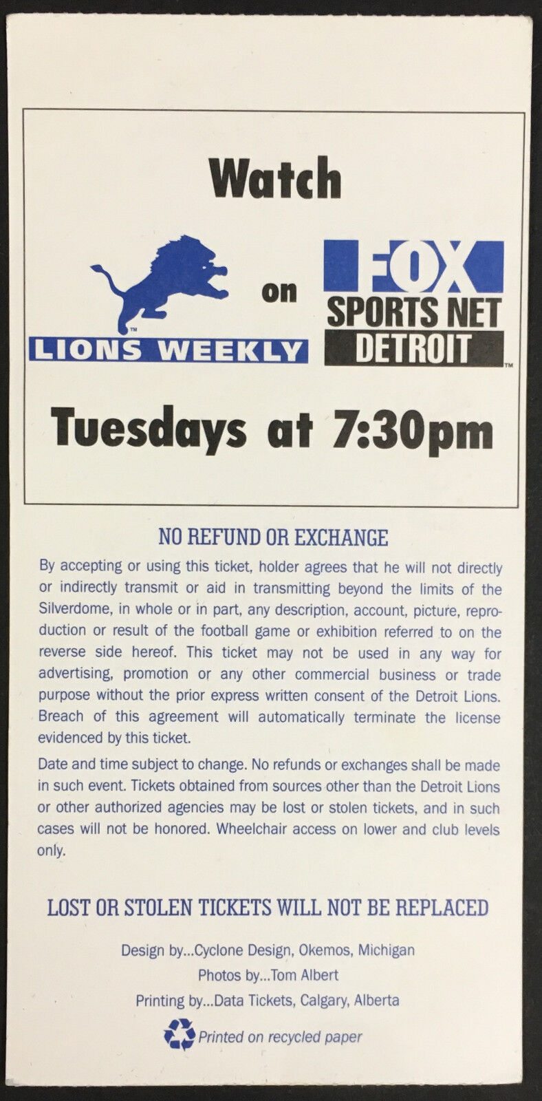 1994 NFL Football Thanksgiving Day Ticket Chicago Bears vs Detroit