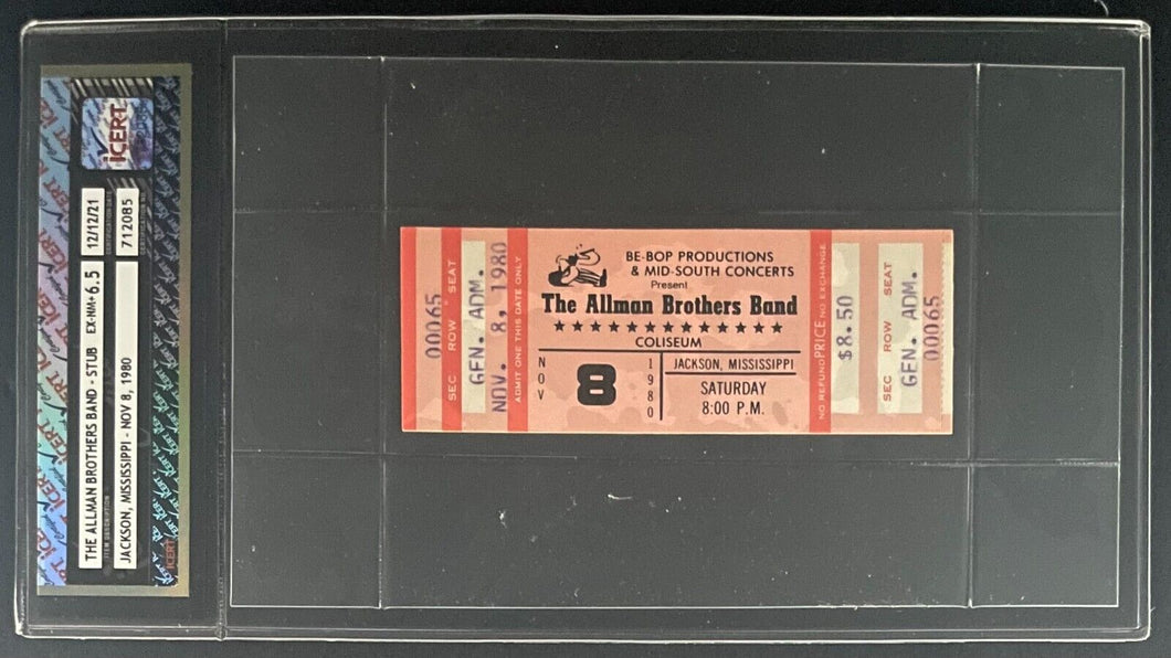 1980 The Allman Brothers Band iCERT Authenticated Concert Graded 6.5 Ticket Stub