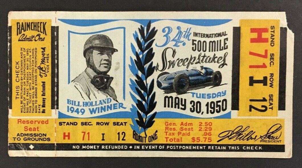 1950 Indy 500 Race Ticket Vintage Johnnie Parsons Wins Old Vintage Racing Rare