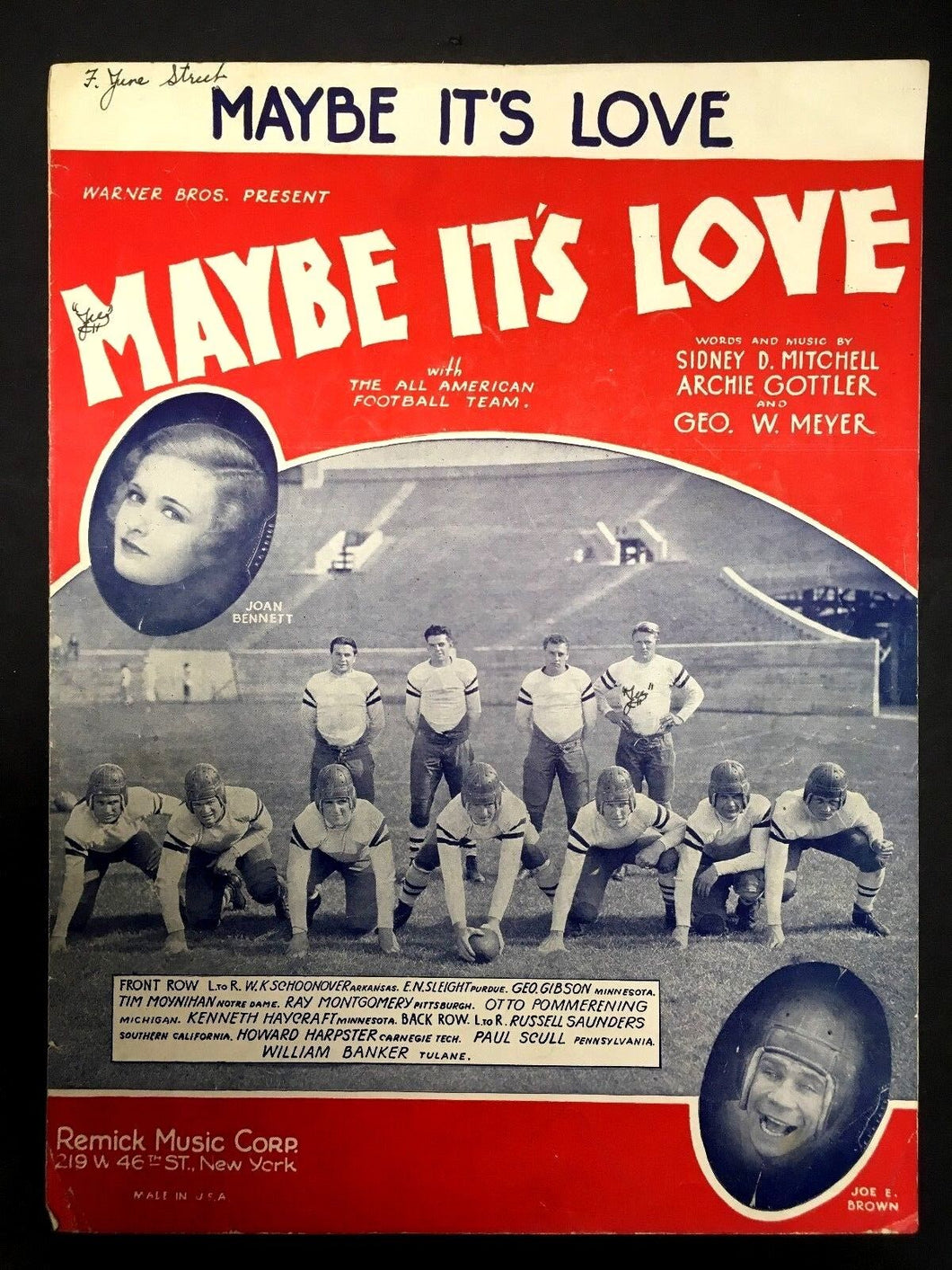 1930 Sheet Music Maybe It's Love Warner Bros All American Football Joe E Brown