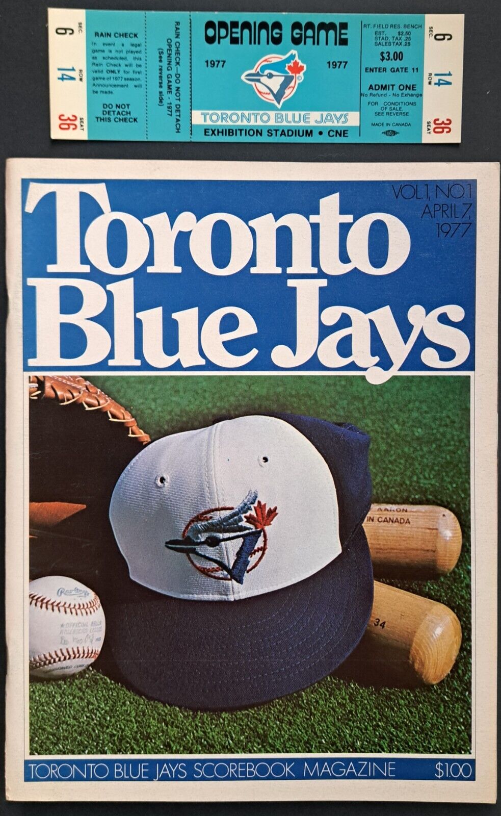 1977 Toronto Blue Jays Inaugural Game Program + Unused Full Ticket MLB Baseball