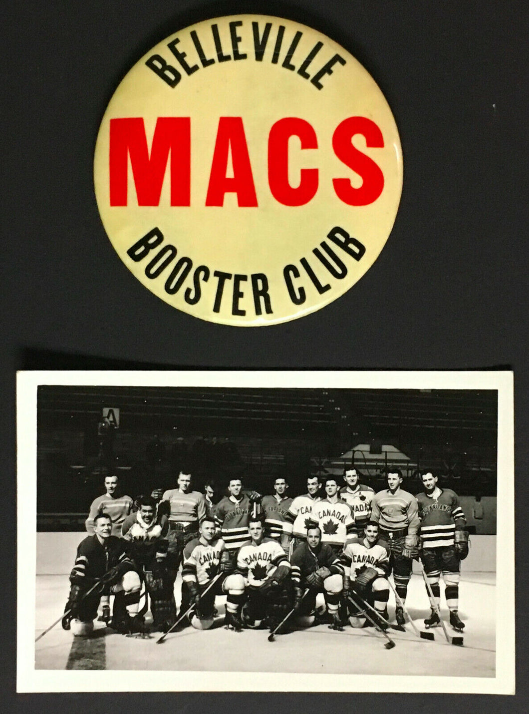 Belleville MACS Booster Club Button McFarlands OHA Hockey Pinback + Team Photo