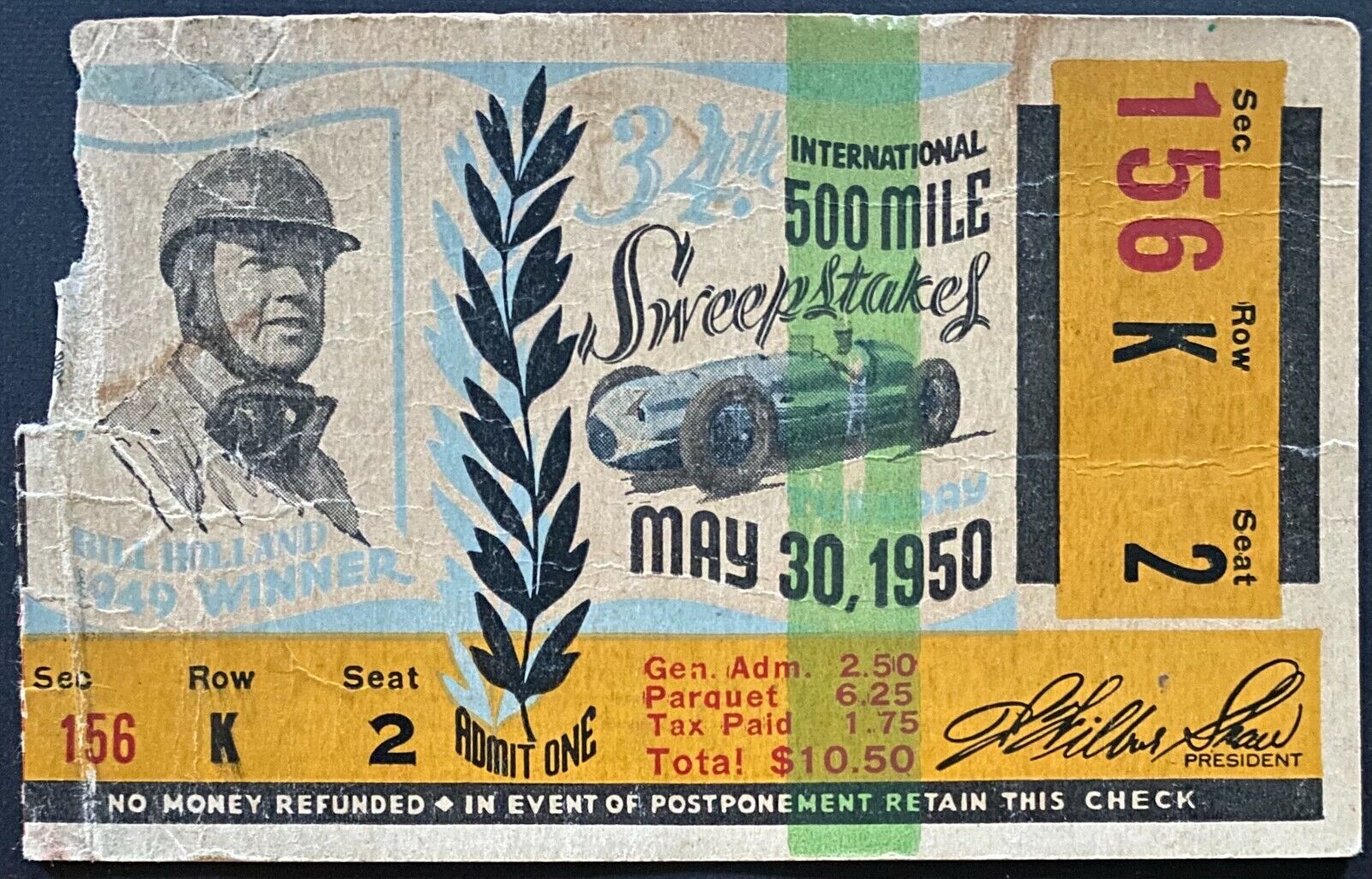 1950 Vintage Indy 500 Racing Ticket Stub Indianapolis Motor