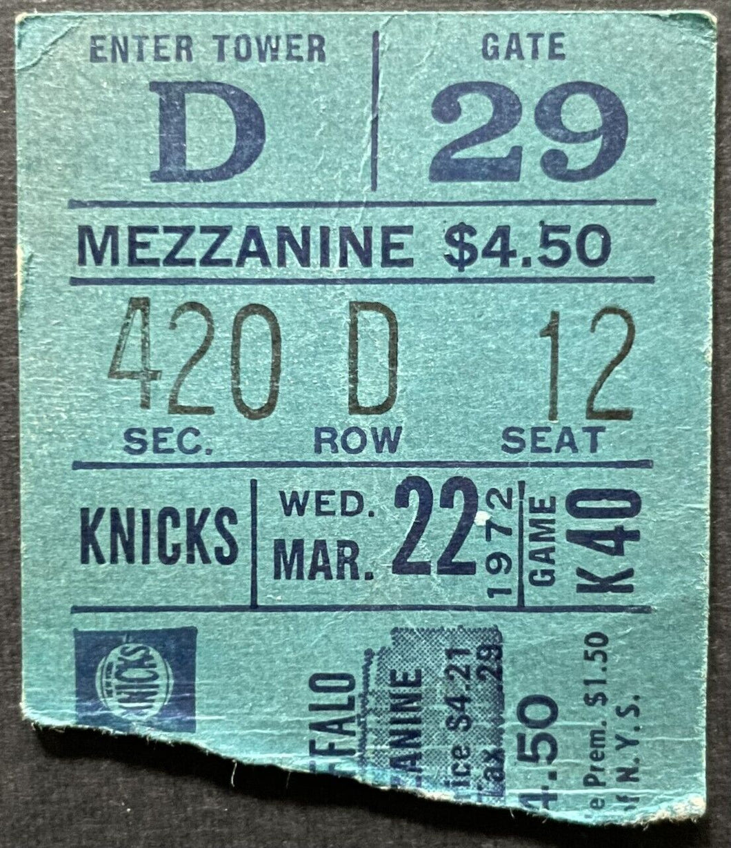 1972 Madison Square Garden NBA Basketball Ticket New York Knicks vs Buffalo