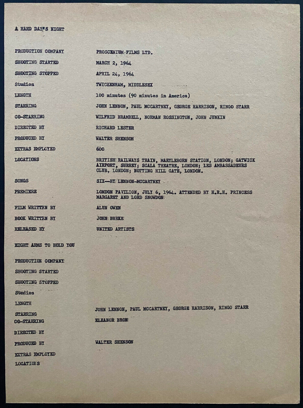 Beatles Production Notes 1964 Film Hard Days Night Vintage Movie Fab 4 Lennon