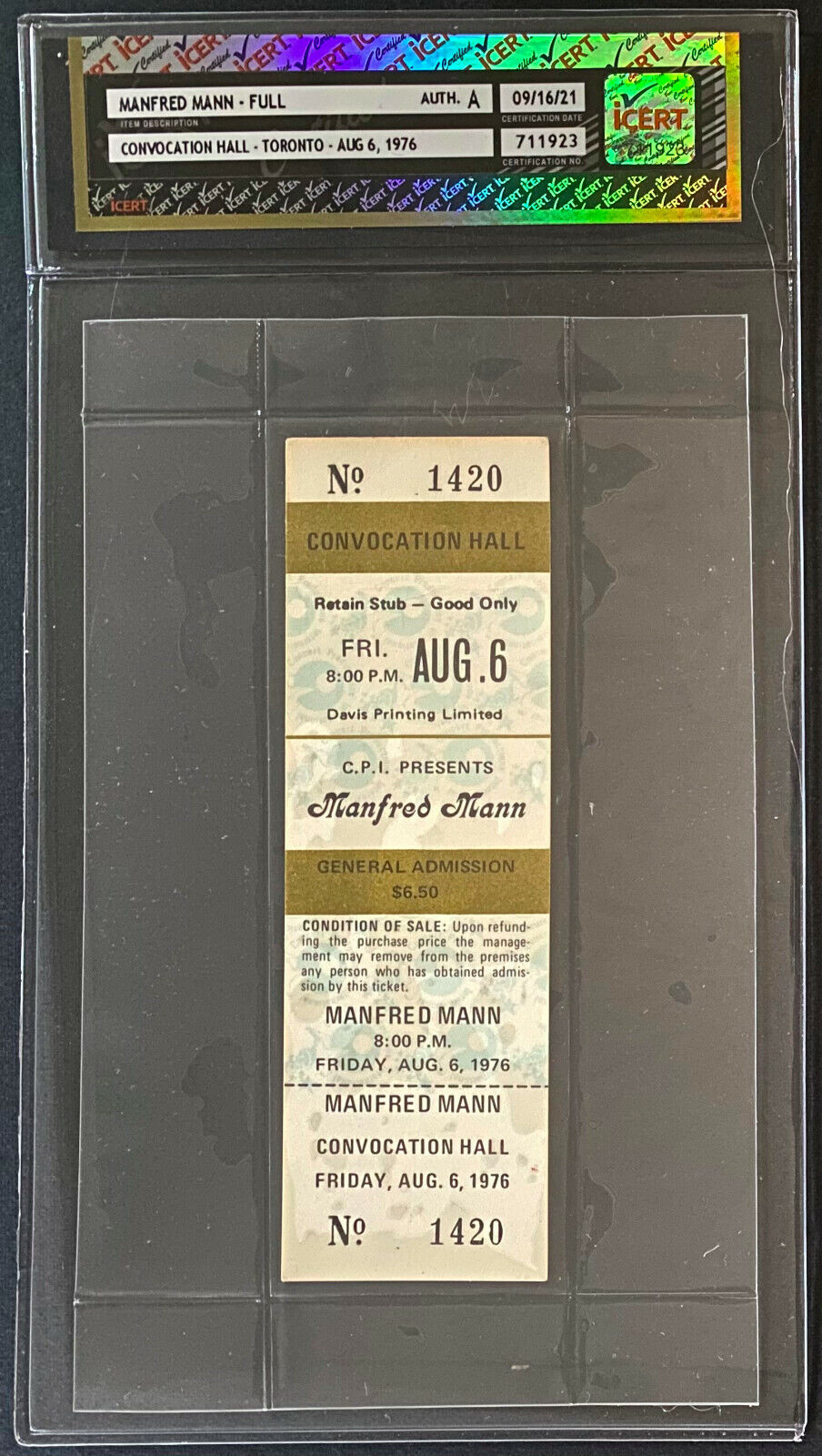 1976 Manfred Mann Convocation Hall Full Concert Ticket Toronto iCert