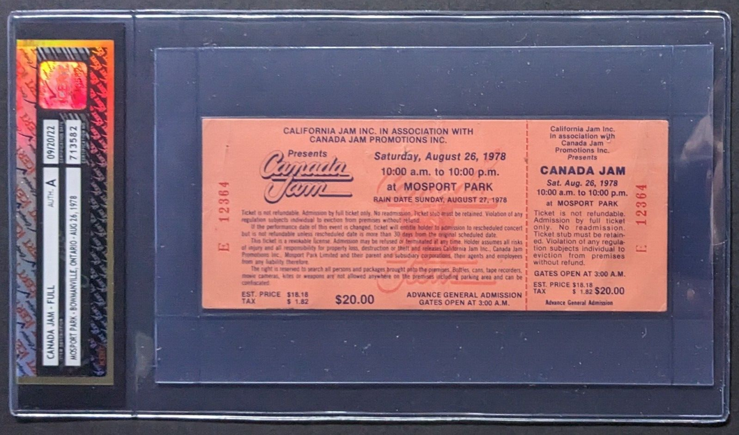 1978 Vintage Canada Jam Rock Concert Festival Full Ticket iCert Authenticated