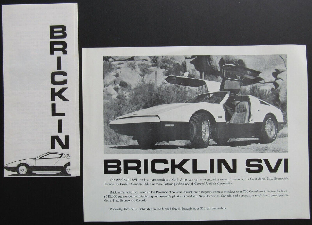 1974 Bricklin Motors SV-1 Product Info + Owners Club Application Flyer Cars Auto