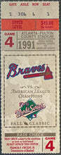 Load image into Gallery viewer, 1991 World Series Game 4 Ticket Fulton County Stadium Atlanta Braves vs Twins
