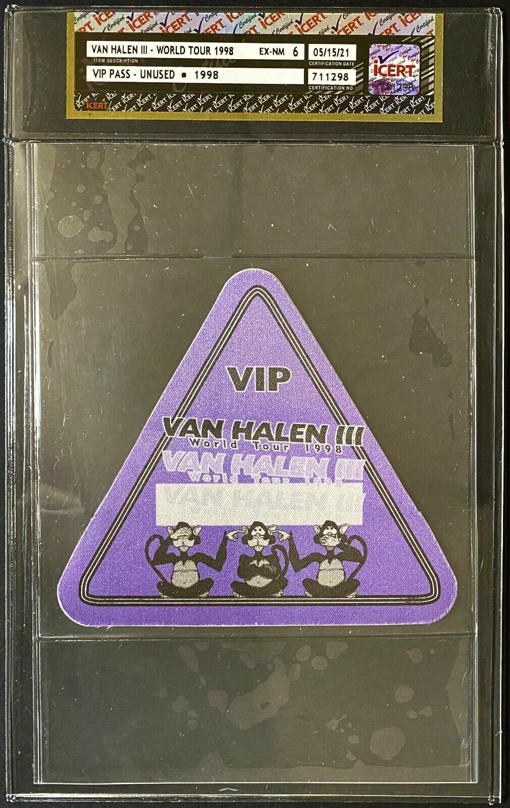 1998 Vintage Van Halen Unused III Rock Music Concert Tour Backstage Pass