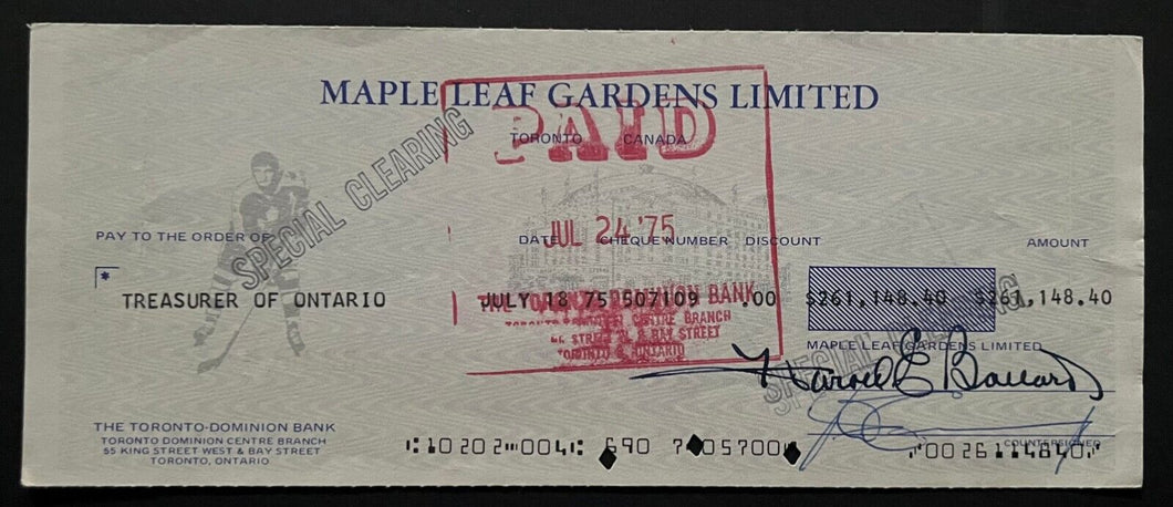 1975 Maple Leaf Gardens President + Ballard + Crump Signed Cheque Autographed