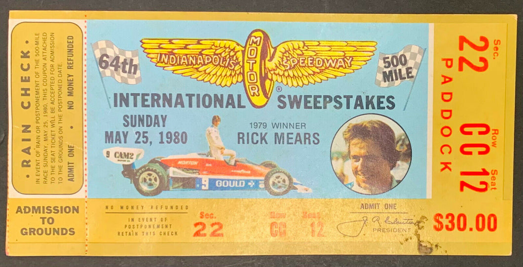 May 25 1980 64th Running INDY Indianapolis 500 Race Ticket Rutherford Wins