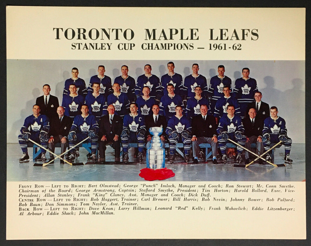 1961-62 Toronto Maple Leafs Stanley Cup Champions Team Photo NHL Hockey