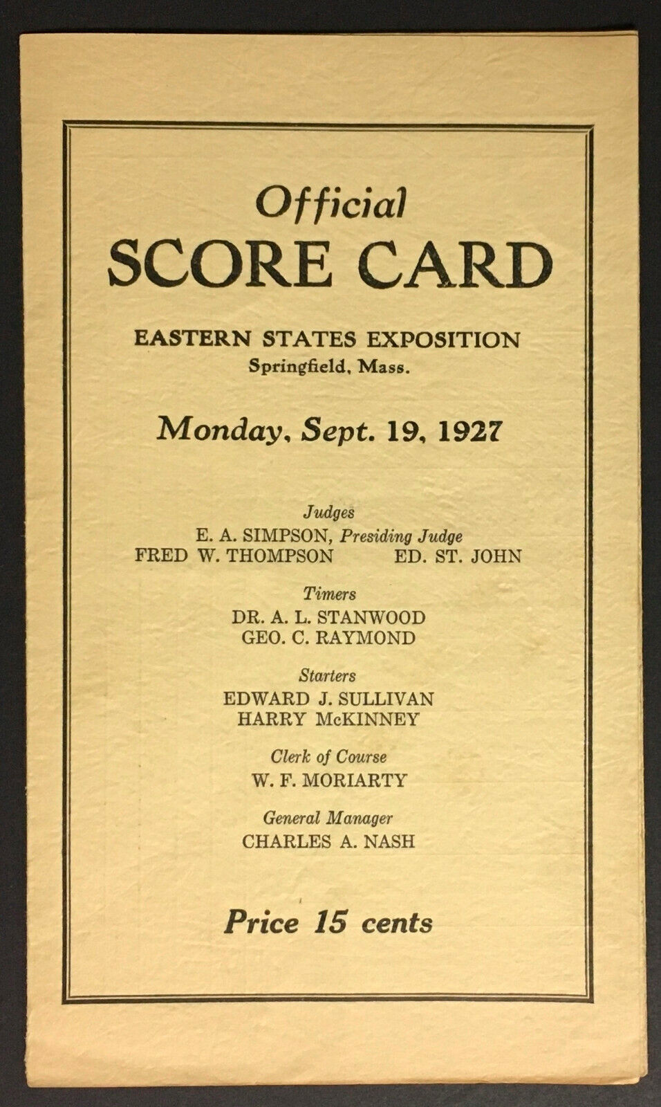 1927 Eastern States Exposition New England Whippet Dog Races Score Card Program