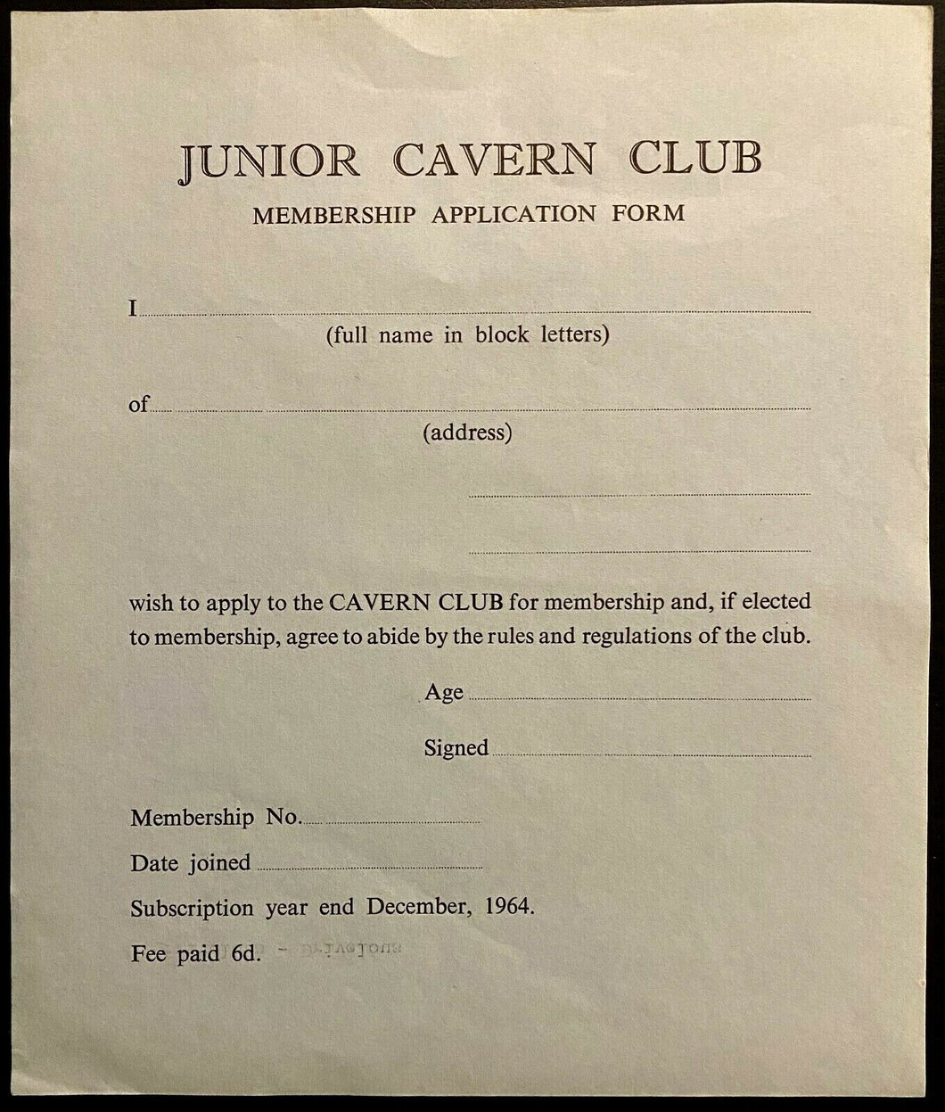 1964 Cavern Club Membership Application Form Liverpool England The Beatles LOA
