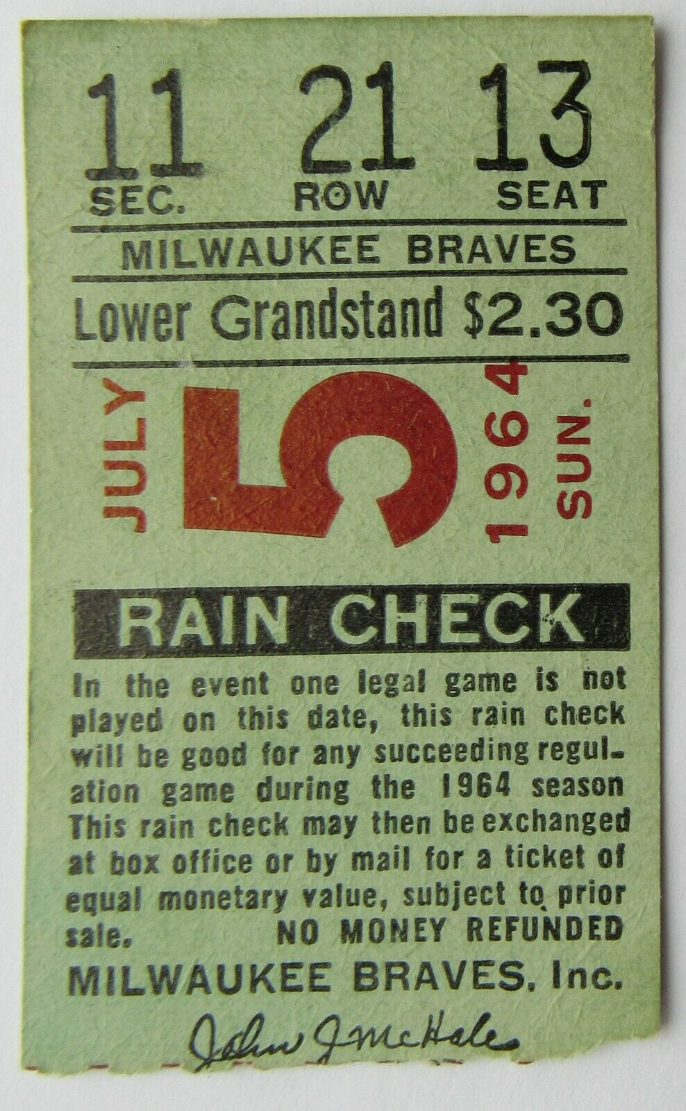1964 County Stadium MLB Baseball Ticket Stub Milwaukee Braves vs Chicago Cubs