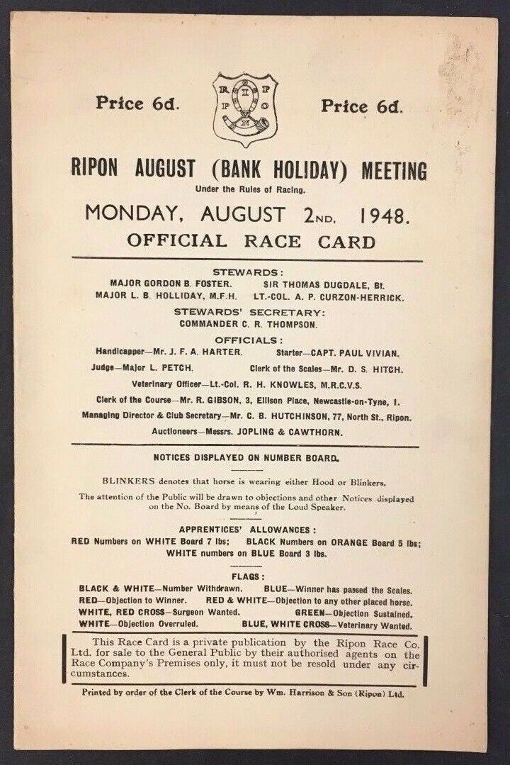 1948 Thoroughbred Horse Racing Program Ripon Racecourse England UK Unscored